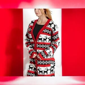 Merry Christmas V28 Oversized Reindeer Cardigan Sweater Size L Red Black White